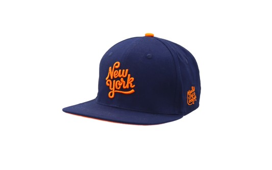 A dark blue baseball cap with orange New York logo, orange Made by Cooper side logo, and orange crown button.