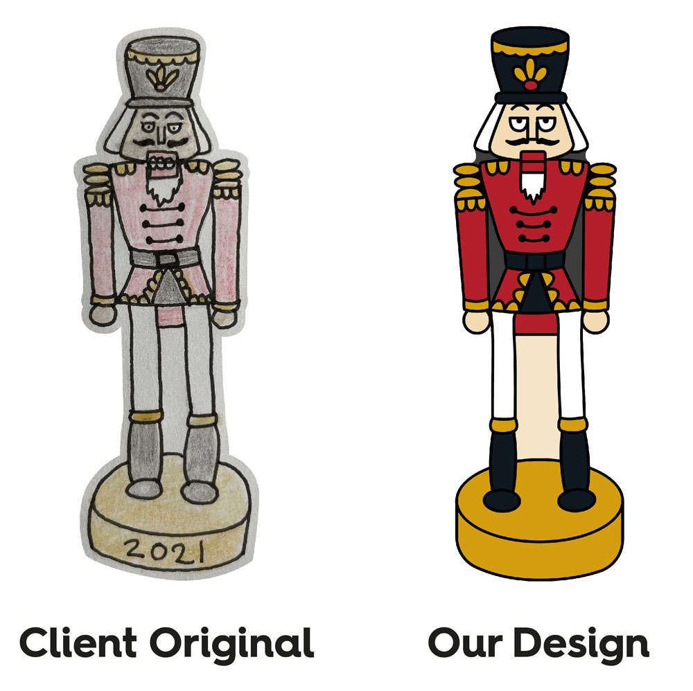 Before and after of a Nut Cracker enamel pin design