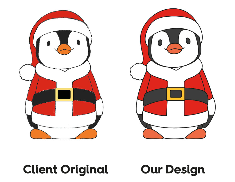 Before and after of Penguin wearing santa claus costume