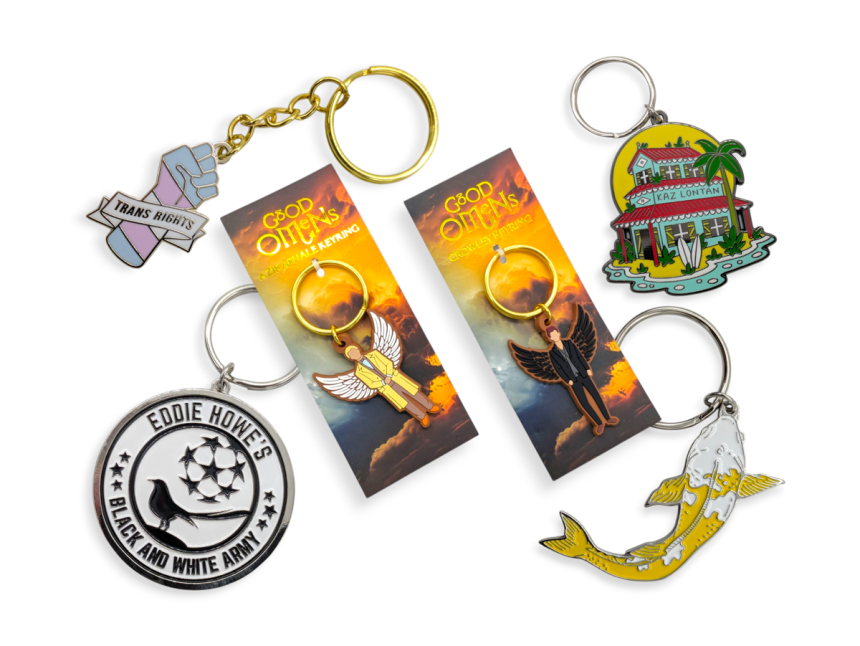A collection of custom keyrings that you can use for inspiration to create your own products. They are football keychains, a koi carp keyring, trans rights keying, illustrated keychain, and two promotional keyrings for the tv show Good Omens.