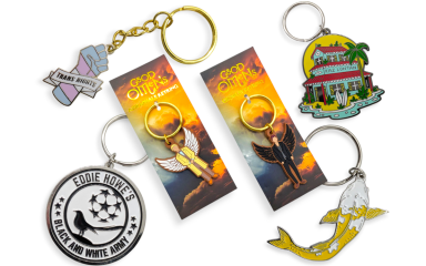 A collection of custom keyrings that you can use for inspiration to create your own products. They are football keychains, a koi carp keyring, trans rights keying, illustrated keychain, and two promotional keyrings for the tv show Good Omens.