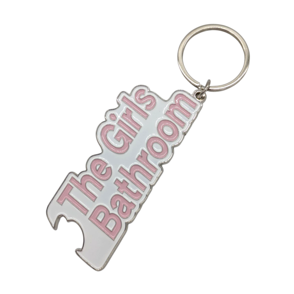 A white personalised bottle opener keyring with the words