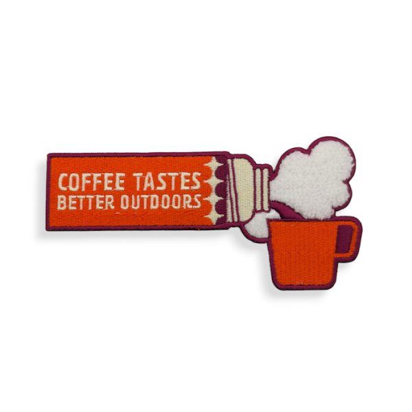 A chenille embroidery patch of a flask pouring coffee into a cup with the words