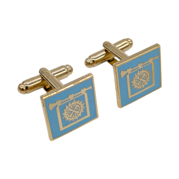 Square gold-plated custom masonic cufflinks with a pale blue background and gold coloured freemasons emblem in the middle.