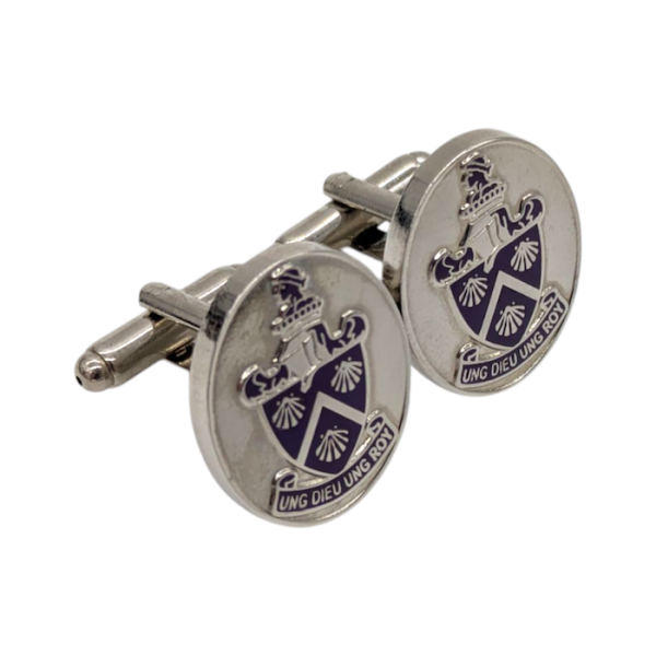 Make your own cufflinks like the nickel-plated oval cufflinks featuring a royal blue coat of arms.