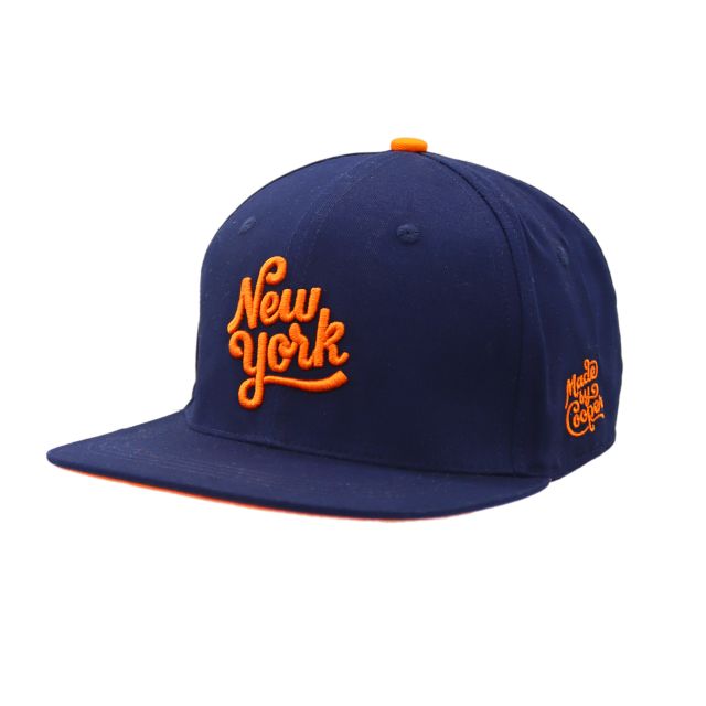 A custom baseball cap with blue body and orange embroidered logo on the front and sides.