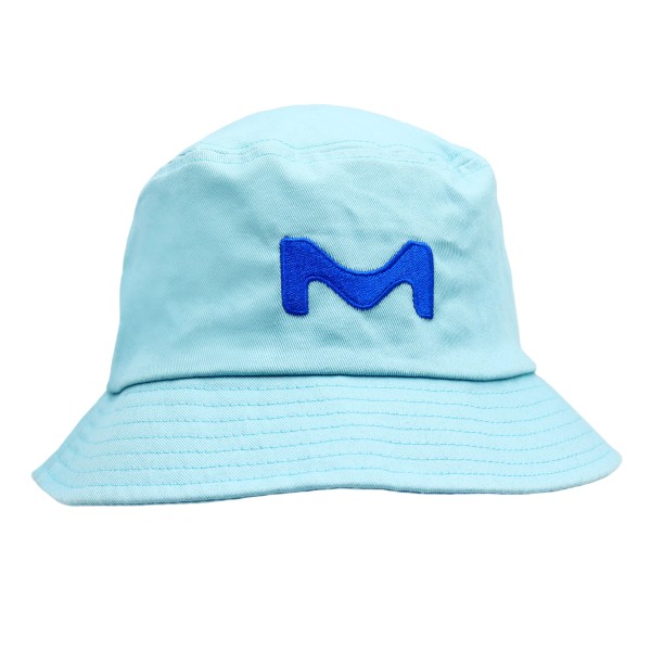 A light blue bucket hat with a royal blue M embroidered on the front.