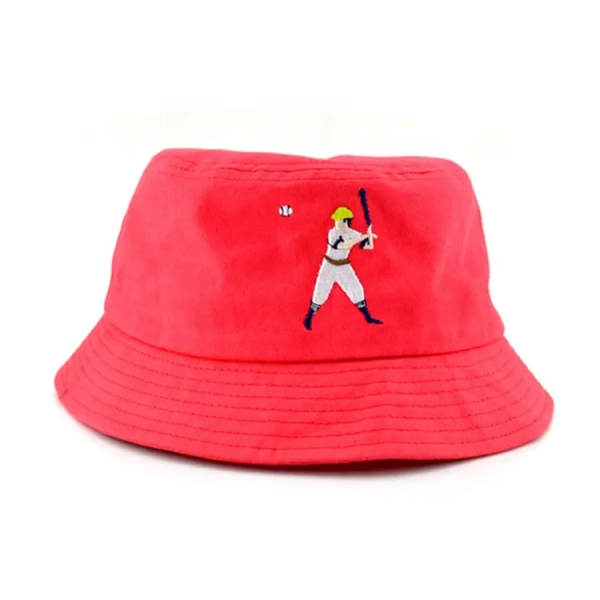 A red bucket hat with a classic baseball players embroidered on the front.
