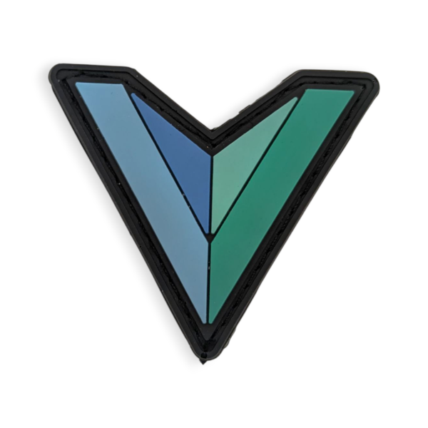 A blue and green coloured V-shaped velcro-backed custom made PVC patch.