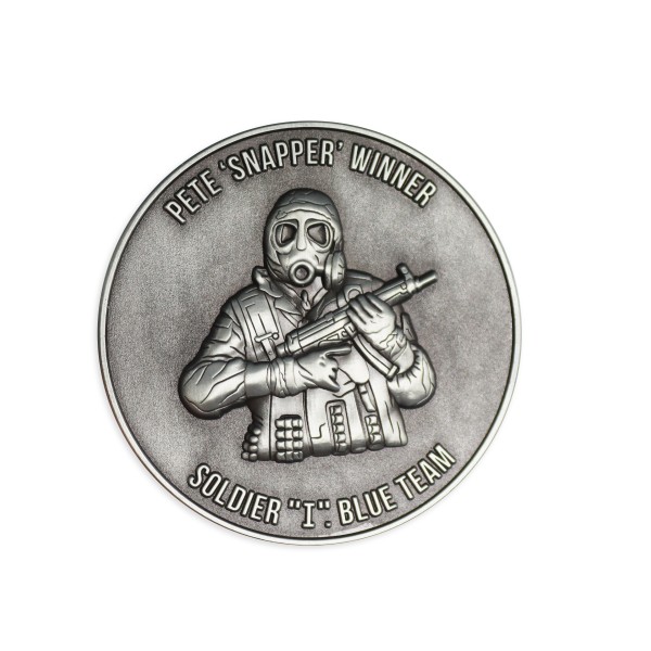 A custom coin features an SAS soldier carrying a gun with the text 'Pete Snapper Winner - Soldier I Blue Team