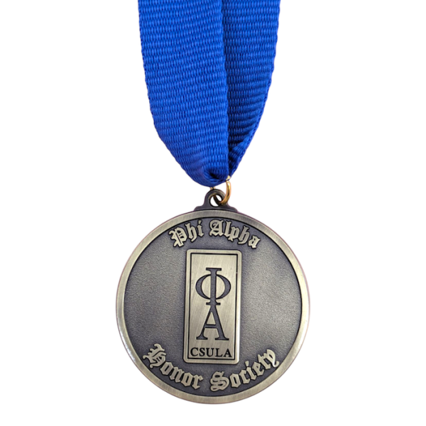 A school or college custom awards medals attached to a blue ribbon.