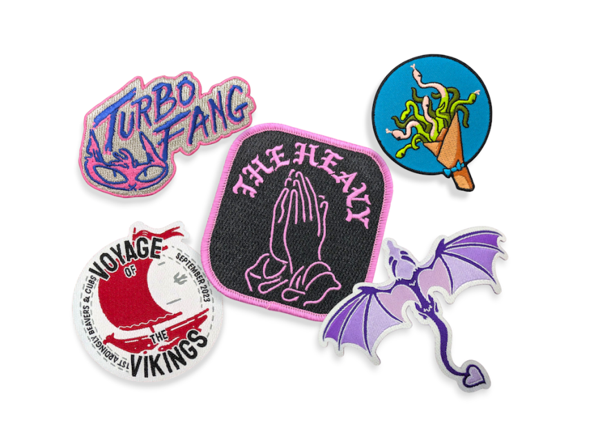 A collection of five custom patches showcasing the difference between overlocked and heat-cut edges.