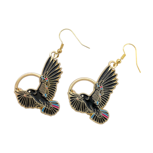 A pair of bespoke dangle earrings designed to look like black eagles.
