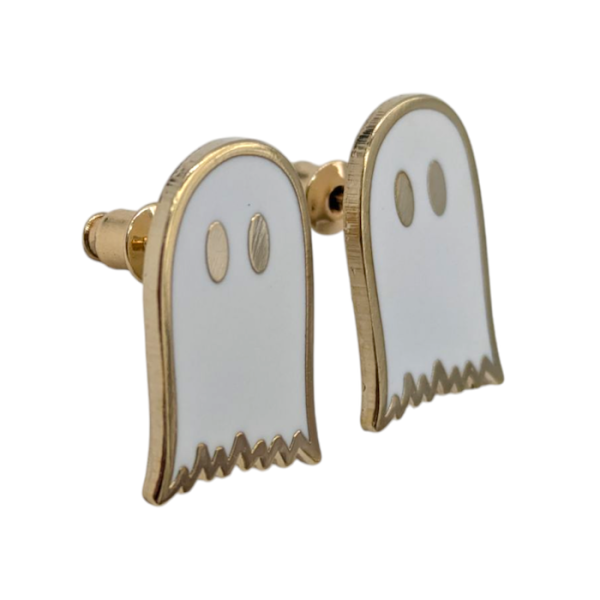 A pair of gold-plated hard enamel stud earrings made to look like traditional ghosts with sheets over their heads.