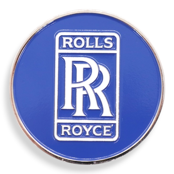 Close up blue enamel custom challenge coin with Rolls Royce style monogram design, example of detailed double-sided coins.