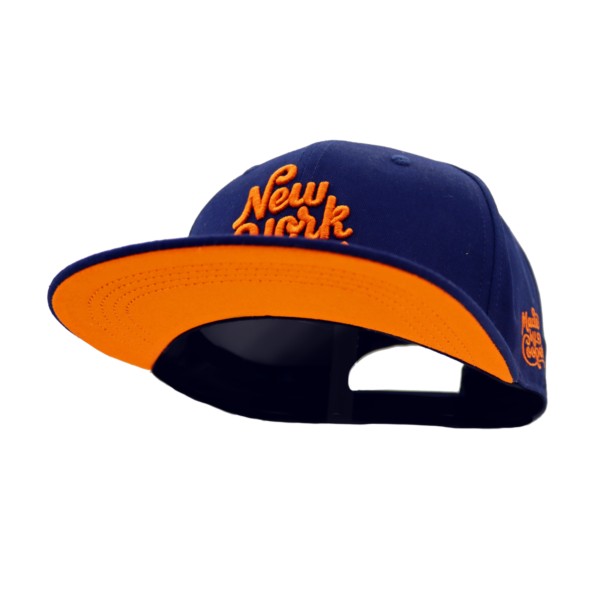 Custom baseball cap and custom snap back featuring bright orange brim and embroidered New York logo, designed for standout branded headwear.
