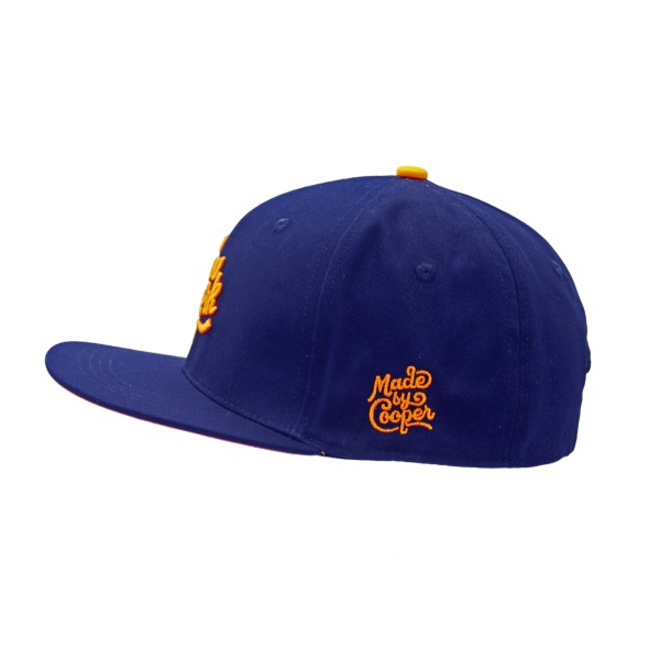 Navy custom baseball cap featuring orange Made by Cooper embroidery on the side, showcasing high quality custom snap backs for branding.