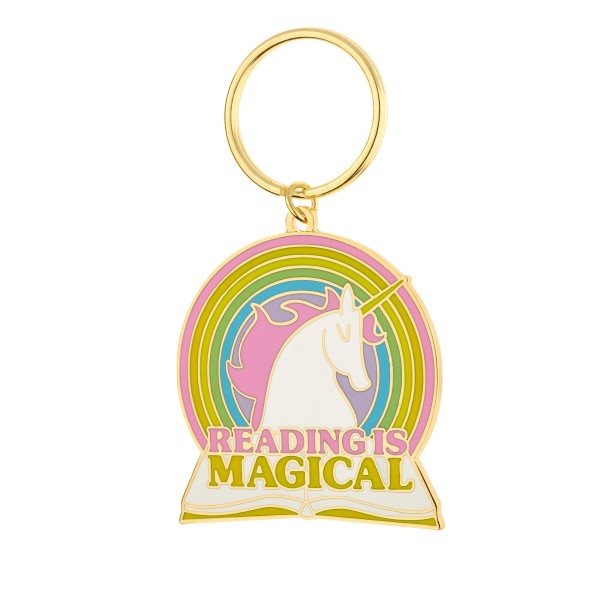 A vibrant hard enamel keyring featuring a Unicorn in front of a rainbow. Beneath the unicorn it says