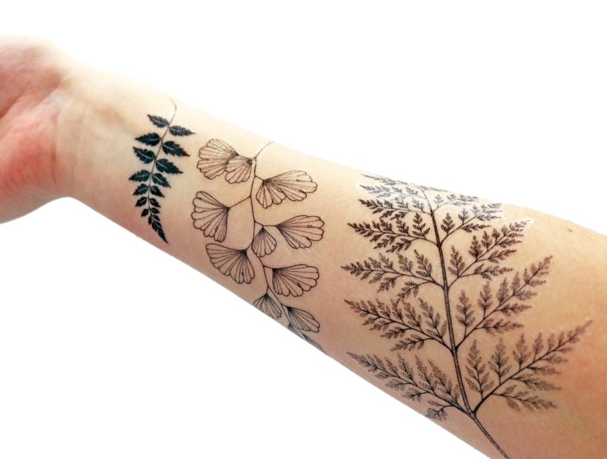 A woman's right arm features three temporary tattoos. Each tattoos is the delicate leaves of different plants.