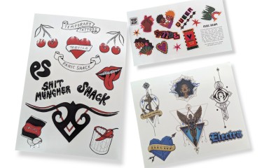 Three sheets of custom temporary festival tattoos featuring fun designs like hearts, a bag of crisps, a mouth with a tongue sticking out, and tribal icons.