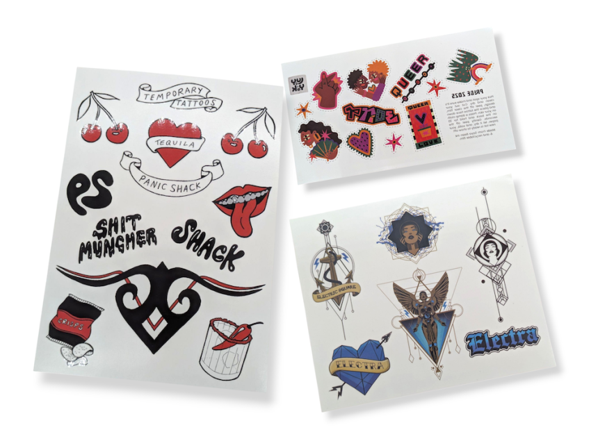 Three sheets of custom temporary festival tattoos featuring fun designs like hearts, a bag of crisps, a mouth with a tongue sticking out, and tribal icons.