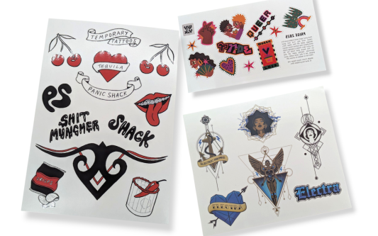 Three sheets of custom temporary festival tattoos featuring fun designs like hearts, a bag of crisps, a mouth with a tongue sticking out, and tribal icons.