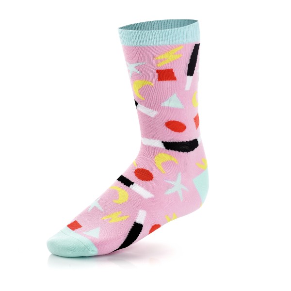 A pair of pink and blue custom socks used for promotion and brand awareness.