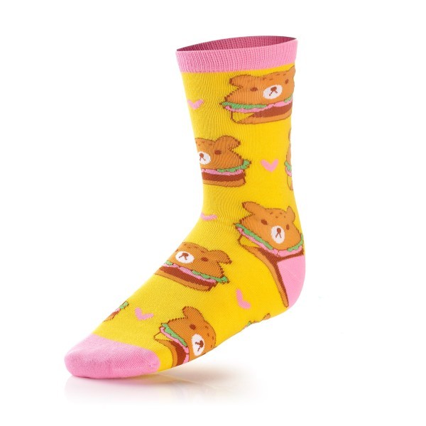 Bright yellow custom socks with cute bear sandwich pattern and pink accents, showcasing fun, fully custom knitted socks for brands and creators.