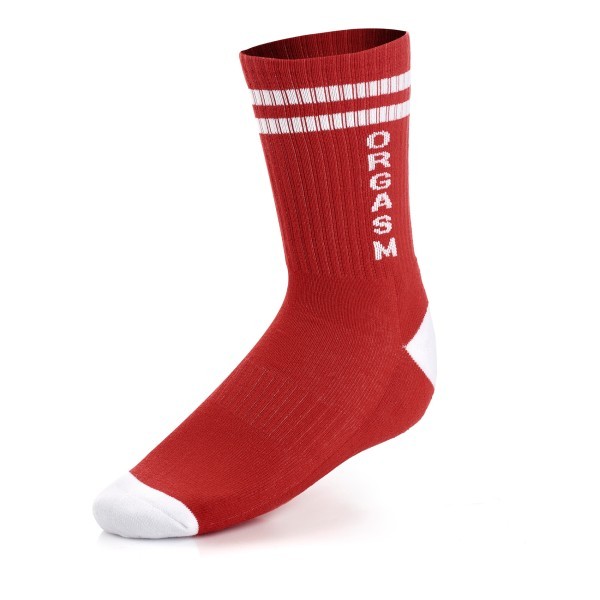 Red custom sock with white accents and vertical ORGASM text, highlighting detailed custom knitted sports socks for unique branding.