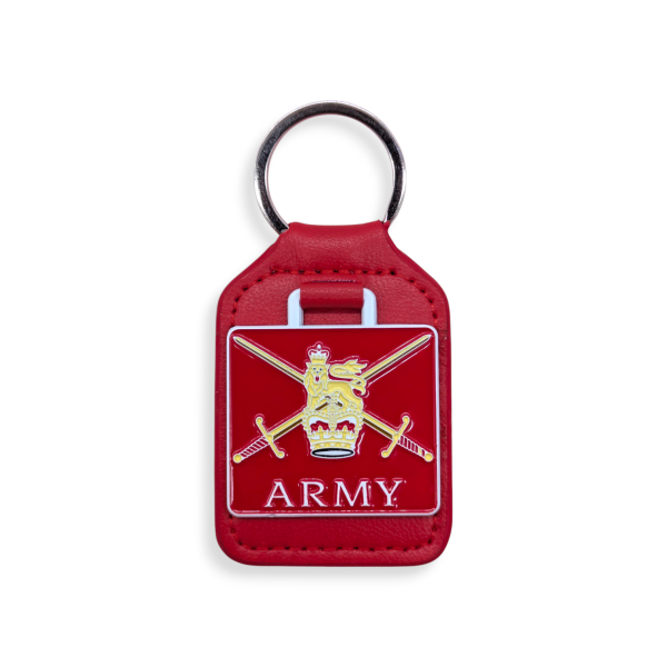 A red custom leather fob keyring with the British Army crest on the front.