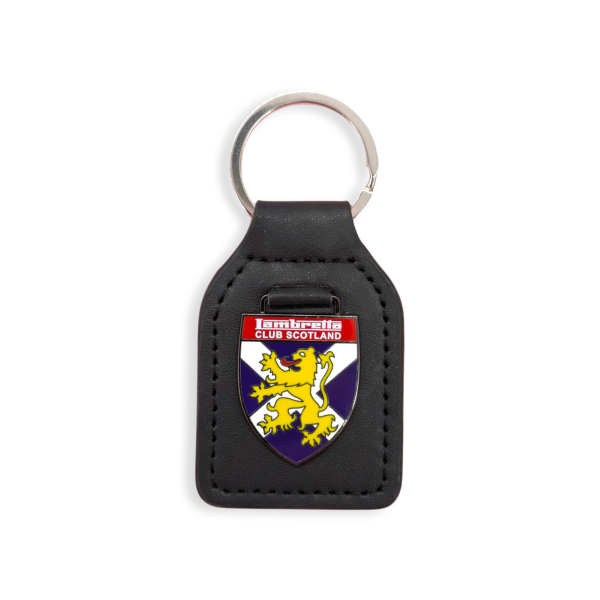 A black leather keyring fob with a enamel badge on the front with the Scottish flag and lion on the front.
