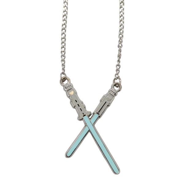 A silver-plated custom pendant of two pale blue crossed light sabres.
