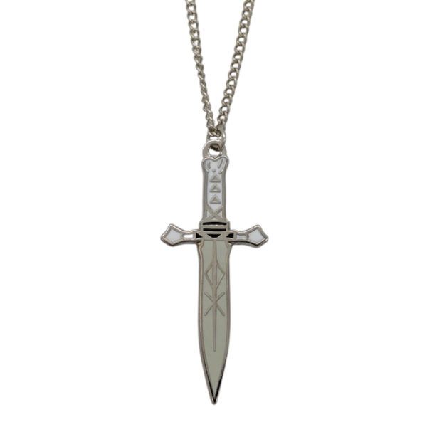 A silver-plated custom pendant in the shape of a ceremonial dagger.