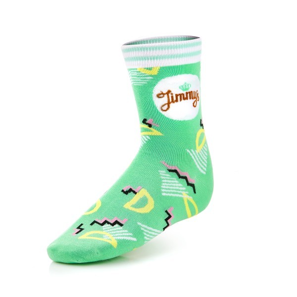 A pair of funky green custom grip socks featuring the branding of the Jimmys company.