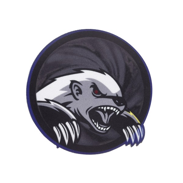 A black printed cloth badge with an angry badger with red eyes.