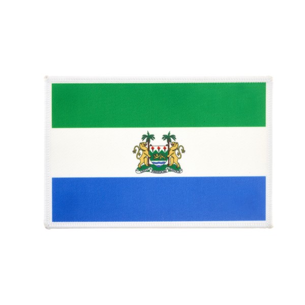 A printed patch of a flag with green, white and blue horizontal stripes.
