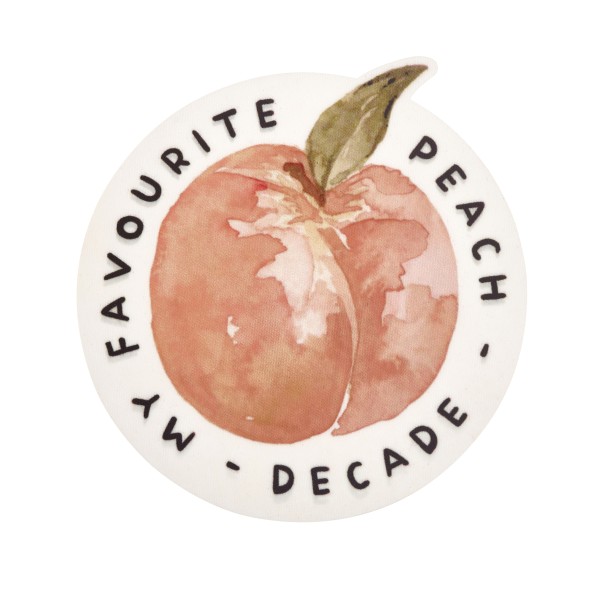 A woven patch with a detailed picture of a peach on it with the text 'My Favourite Peach'.