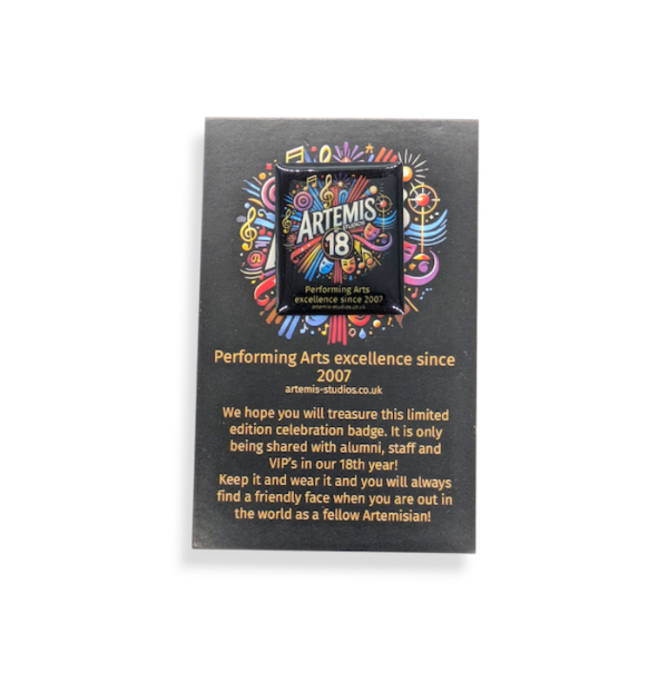 A black backing card with loads of text and a beautifully illustrated and colourful printed pin badge attached to it.