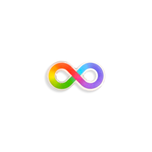 A custom printed pin badge featuring the infinity symbol and a colourful rainbow gradient that represents neurodiversity awareness.