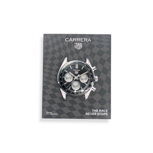 A Tag Heuer watch printed lapel pin badge fixed to a backing card.