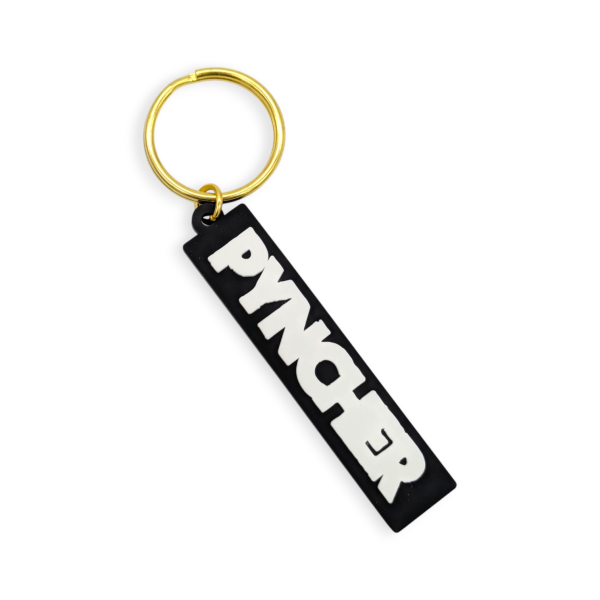 A black rectangular rubber keyring with a corporate logo for