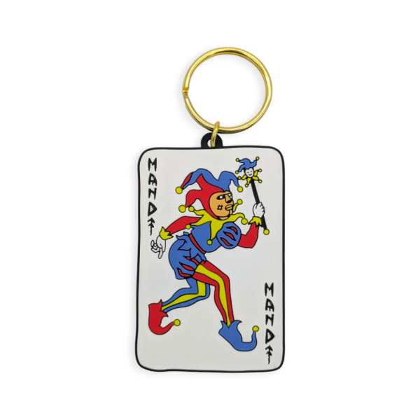 A large rectangular bespoke PVC keyring that features playing card with the Joker running away.