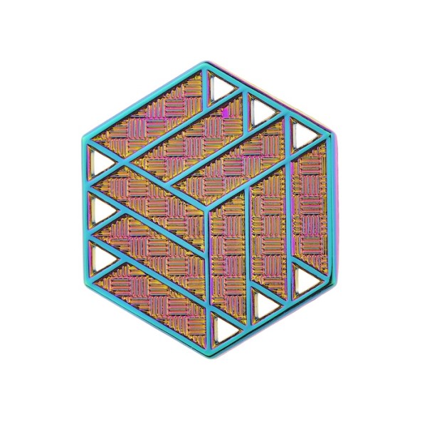 A 3D-looking lapel pin design that has a rainbow plating to give it a dynamic and fluid effect.