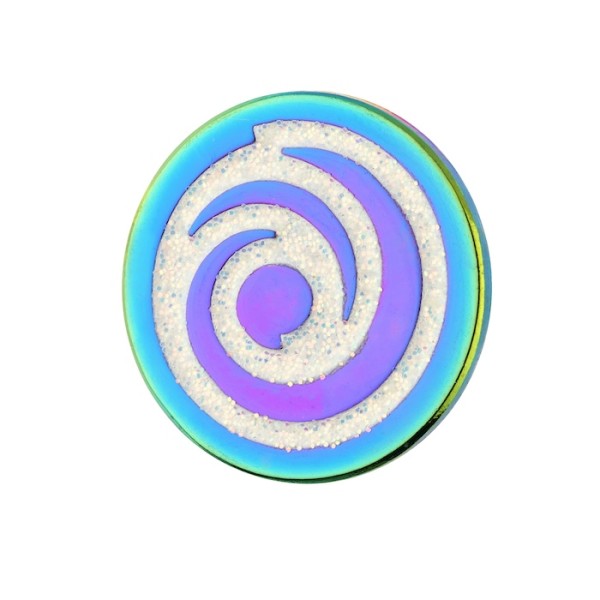 A round rainbow plated pin badge with a white branded logo in the middle.