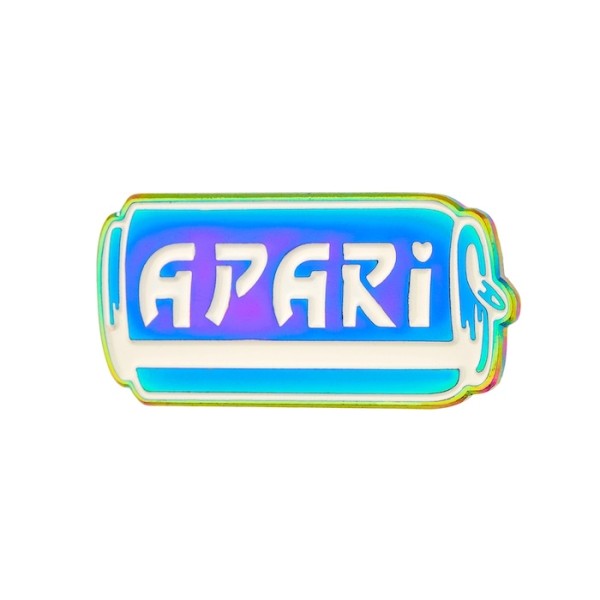 A rainbow plated enamel badge with the word