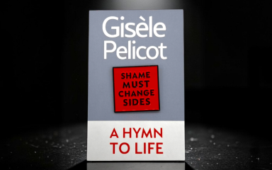A Hymn to Life by Gisele Pelicot standing under dramatic spotlight lighting, featuring the red “Shame Must Change Sides” hard enamel pin badge centred on the grey book cover, with a reflective black surface beneath creating a subtle mirrored effect.