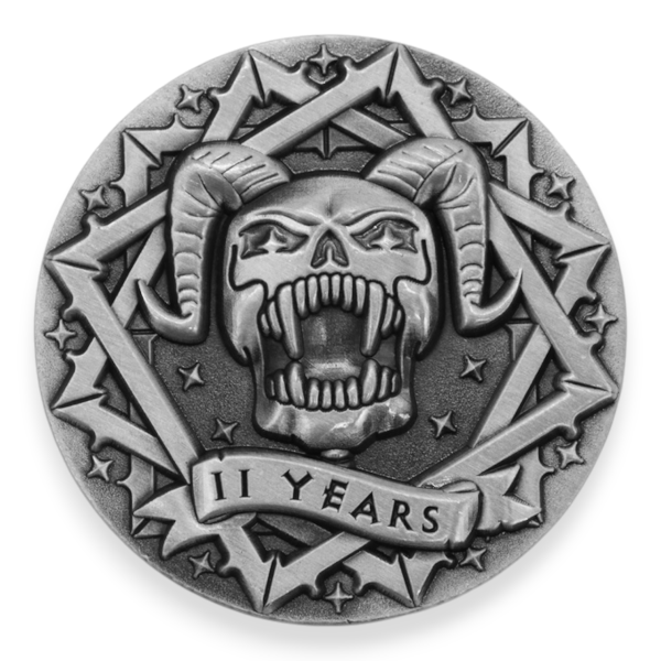 Antique silver skull themed custom challenge coin with raised metal detailing, ideal example of premium custom coins.
