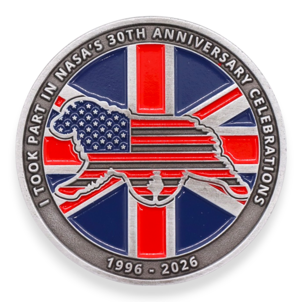 NASA anniversary themed custom challenge coin with US and UK flag design, detailed enamel example of double-sided coins.