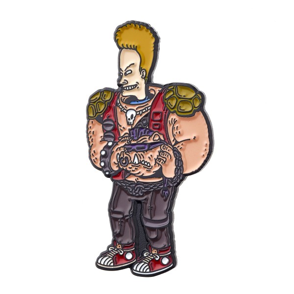 This comical pin badge is made from soft enamel and looks like Butthead from Beavis & Butthead but wearing a Bebop from the Ninja Turtles costume.