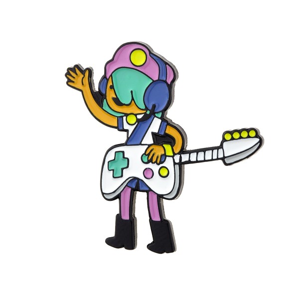 A soft enamel pin of a cartoon person playing a guitar that looks like a controller.